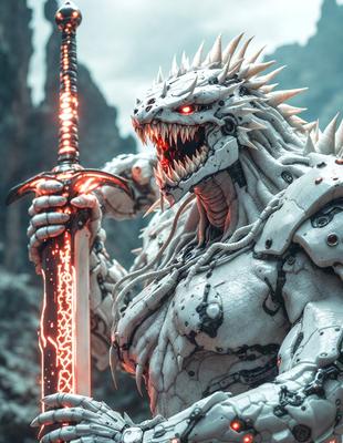 The primary subject of the image is a white, robotic monster with a sword in its hand. The monster appears to be a futuristic, mechanical creature, possibly a cyborg or an alien. The setting is a mountainous landscape, with the monster standing in front of a mountain. The visual style of the image is a combination of digital art and illustration, creating a unique and intriguing scene. The colors and mood of the image are predominantly dark and mysterious, with the monster's white color contrasting against the darker background.